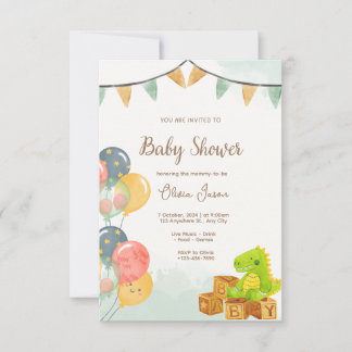 Dinosaur Baby Shower Invitation | Green & Yellow  Kaart