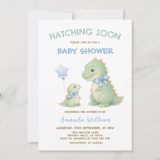 Dinosaur Baby Shower invitation Hatching Soon (Devant)