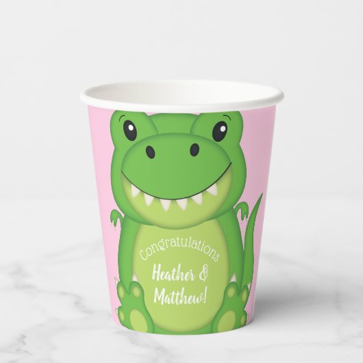 Dinosaur Baby shower T-Rex Pink Girl Papieren Bekers (Achterkant)