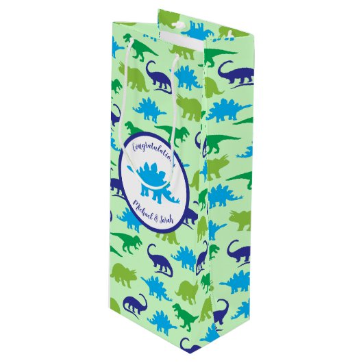 Dinosaur Baby shower Wijn Cadeautas (Voorkant Gekanteld)