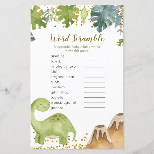 Dinosaur Baby shower Word Scramble Game (Voorkant)