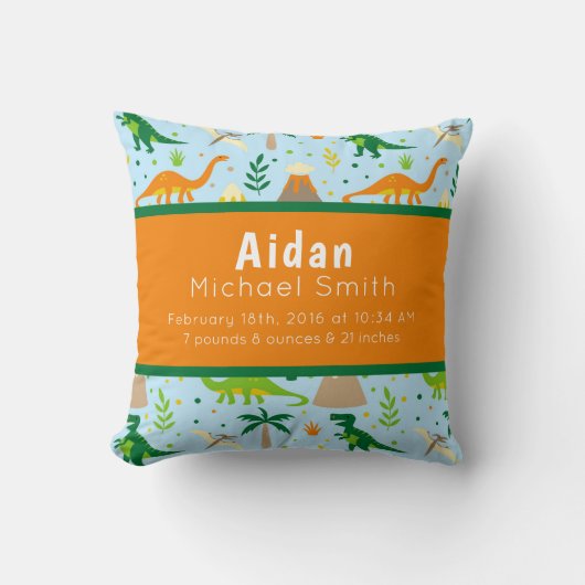 Dinosaur Birth Stats Blue Green Oranje Pillow Kussen (Voorkant)