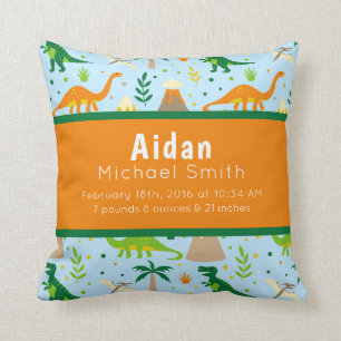 Dinosaur Birth Stats Blue Green Oranje Pillow Kussen