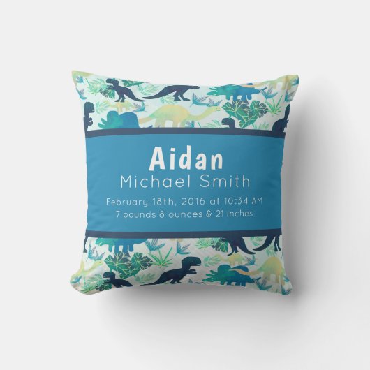 Dinosaur Birth Stats Navy Pillow Blue Blauwgroen Kussen (Voorkant)