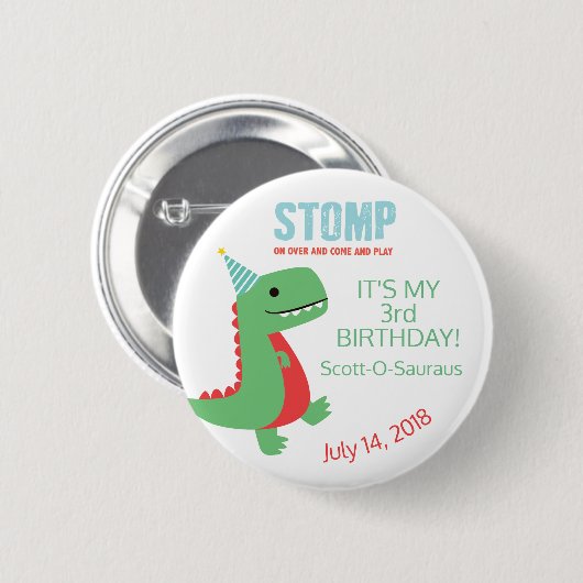 Dinosaur Birthday Button in rood en groen (Voorkant /achterkant)