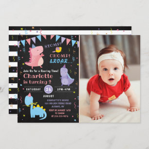 Dinosaur Birthday Chalkboard Pink Dino Party Foto Kaart