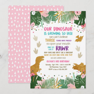 Dinosaur Birthday Girl Gold Pink Leaves Party Dino Kaart