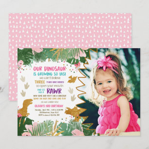 Dinosaur Birthday Girl Gold Pink Verlof Dino Invit Kaart