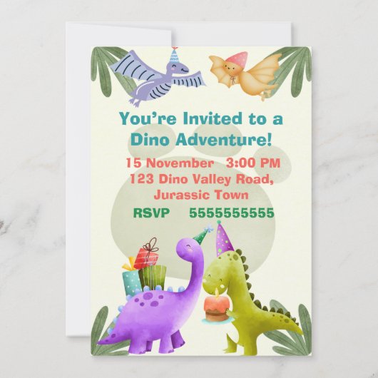 Dinosaur Birthday Invitation – 5x7 Kids Party Card (Dos)