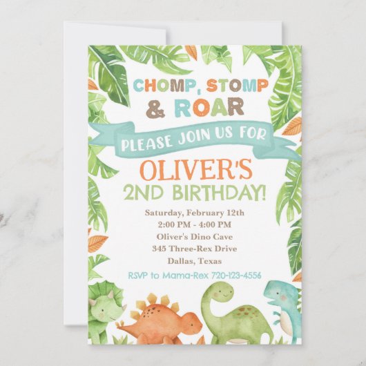 Dinosaur Birthday Invitation, Dino Invitation Kaart (Voorkant)