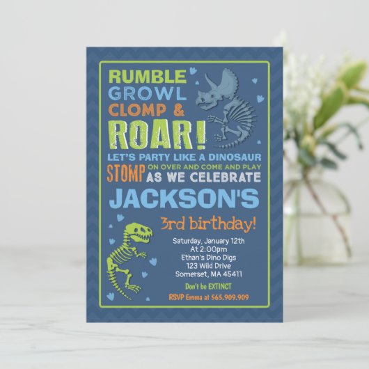 Dinosaur Birthday Invitation Dinosaur Fossil Party Kaart (Staand voorkant)