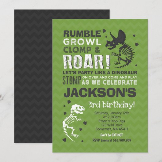 Dinosaur Birthday Invitation Dinosaur Fossil Party Kaart (Voorkant / Achterkant)