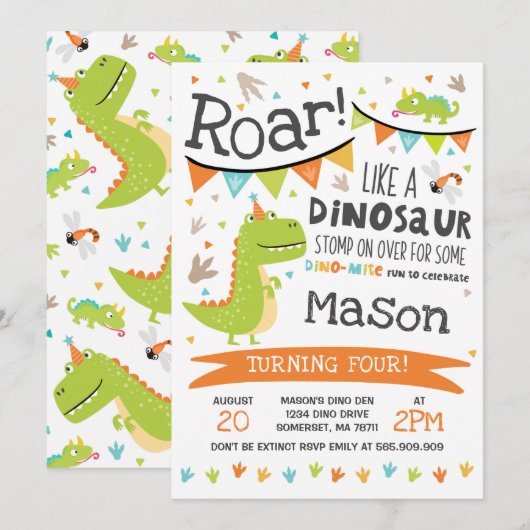 Dinosaur Birthday Invitation Dinosaur Roar Party Kaart (Voorkant / Achterkant)