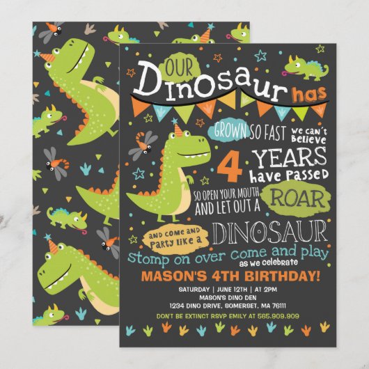 Dinosaur Birthday Invitation Dinosaur Roar Party Kaart (Voorkant / Achterkant)