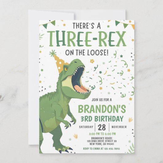 Dinosaur Birthday Invitation, Editable Three Rex 3 Kaart (Voorkant)