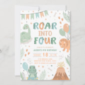 Dinosaur Birthday Invitation Four. Cute Baby Dino  (Devant)