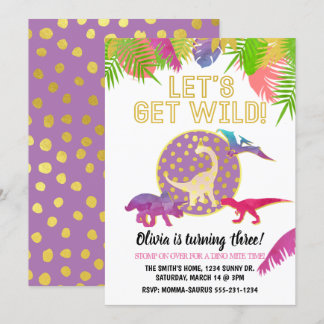 Dinosaur Birthday Invitation Girl Birthday Paars Kaart