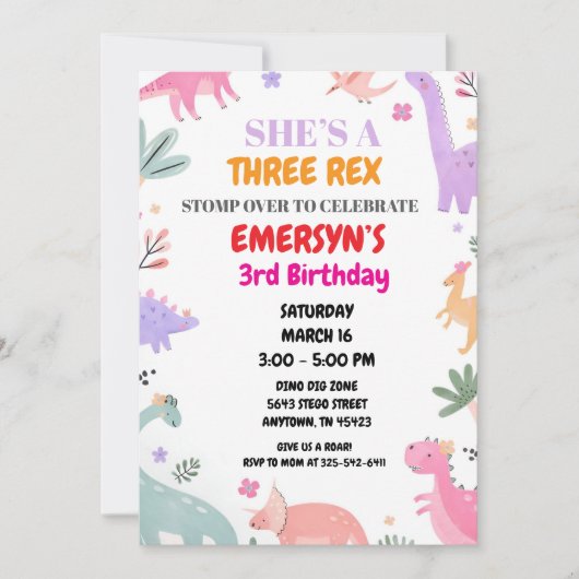 Dinosaur Birthday Invitation Girls Cute Three-Rex  (Devant)