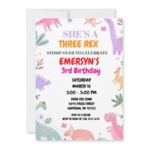 Dinosaur Birthday Invitation Girls Cute Three-Rex 