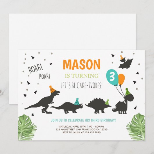 Dinosaur Birthday Invitation ROAR Dino Kaart (Voorkant / Achterkant)