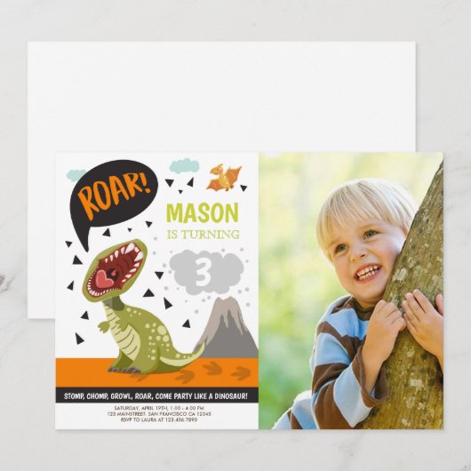 Dinosaur Birthday Invitation ROAR Dino Stomp Chomp Kaart (Voorkant / Achterkant)