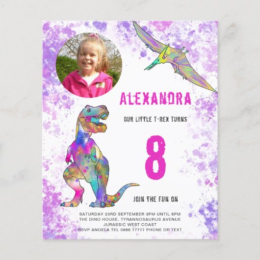 Dinosaur Birthday Party Fotobudget roze Flyer (Voorkant)