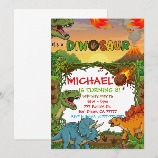 Dinosaur Birthday Party Invitation Kaart (Voorkant / Achterkant)