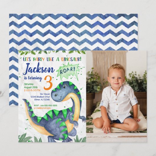 Dinosaur Birthday Photo Invitation for a Boy (Devant / Derrière)