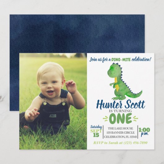Dinosaur Birthday Photo Invitation - T-Rex Invite Kaart (Voorkant / Achterkant)