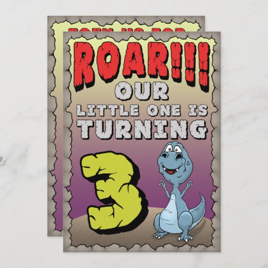 Dinosaur Birthday Uitnodiging 3 jaar oud (Voorkant / Achterkant)