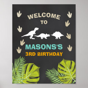 Dinosaur Birthday Welcome Sign Boy Leaves Party Poster