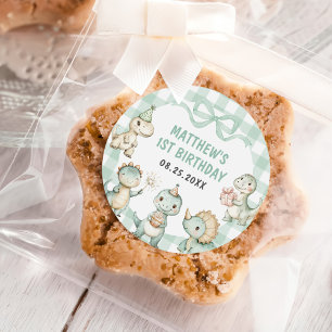 Dinosaur Blue Gingham 1e verjaardagsfeest Ronde Sticker