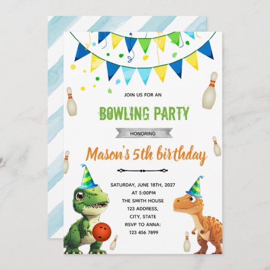 Dinosaur Bowling invitation anniversaire (Devant / Derrière)
