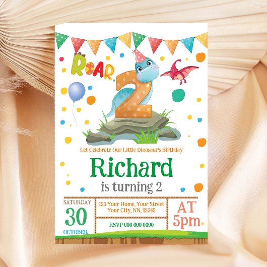 Dinosaur Boy 2nd Birthday Invitation Kaart