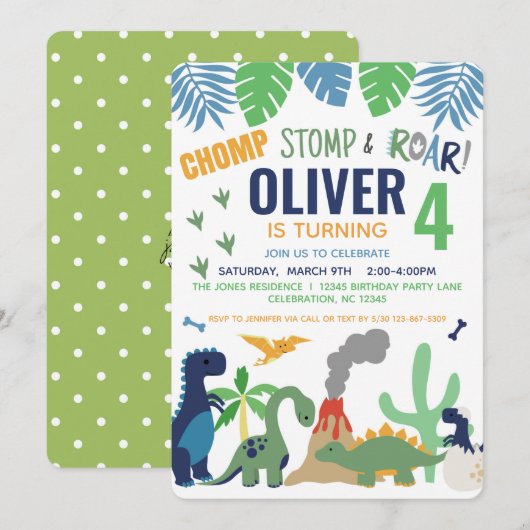 Dinosaur Boy Blue Anniversaire Invitation (Devant / Derrière)