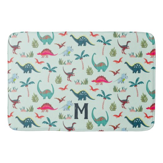 Dinosaur boy Blue monogram all-over print kinderen Badmat (Voorkant)