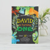 Dinosaur Boy First Birthday 1st Dino Party Kaart (Staand voorkant)