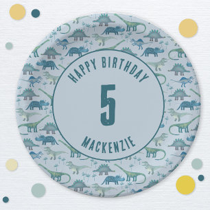 Dinosaur Boy Kids Birthday Party Blue Papieren Bordje