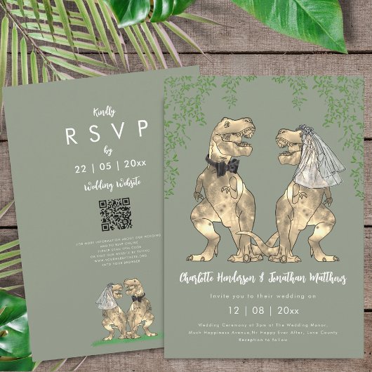 Dinosaur Bride & Groom Sage Green Wedding QR Code Kaart