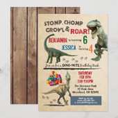 Dinosaur broer of zus verjaardagsuitnodiging 2 nam kaart (Voorkant / Achterkant)