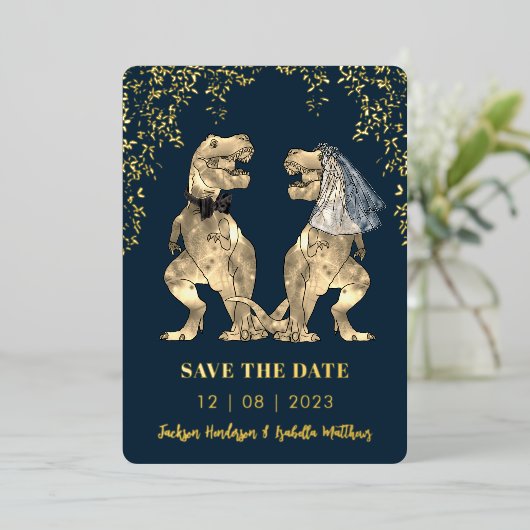 Dinosaur Bruid & Bruidegom Wedding Save the Date G Folie Uitnodiging (Staand Voorkant)