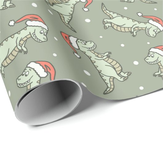 Dinosaur Christmas Boy Santa Claus Dino T-Rex Sage Cadeaupapier (Rol Hoek)