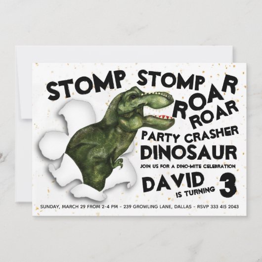 Dinosaur Crasher de fête Invitation d'anniversaire (Devant)