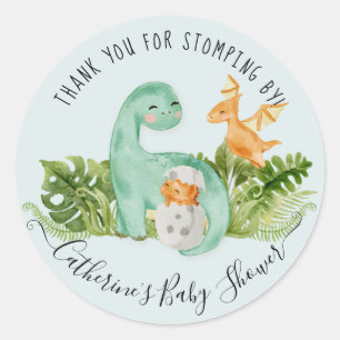 Dinosaur Cute Waterverf Foliage Boy Baby shower Ronde Sticker