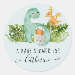 Dinosaur Cute Waterverf Greenery Boy Baby shower Ronde Sticker