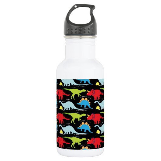 Dinosaur Design Blue Red Green op zwart Waterfles (Voorkant)