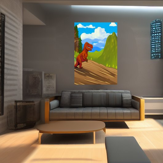 Dinosaur die een heuvel afloopt | AI Art Poster