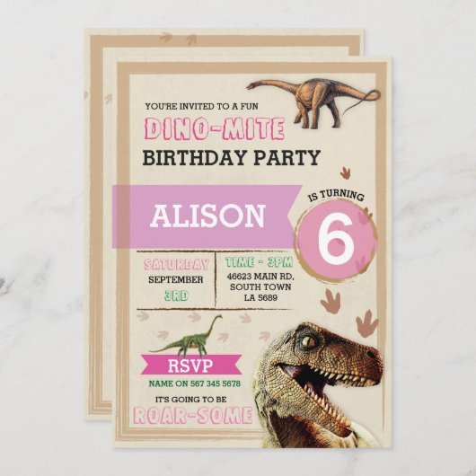 Dinosaur Dig Anniversaire T-Rex Dino Invitation ro (Devant / Derrière)