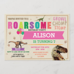 Dinosaur Dig Birthday Party T-Rex Dino Pink Invite Kaart