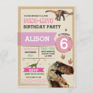 Dinosaur Dig Birthday Party T-Rex Dino Pink Invite Kaart